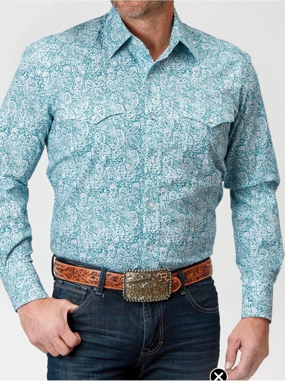 Roper Teal Paisley Western Pearl Snap Shirt Medium